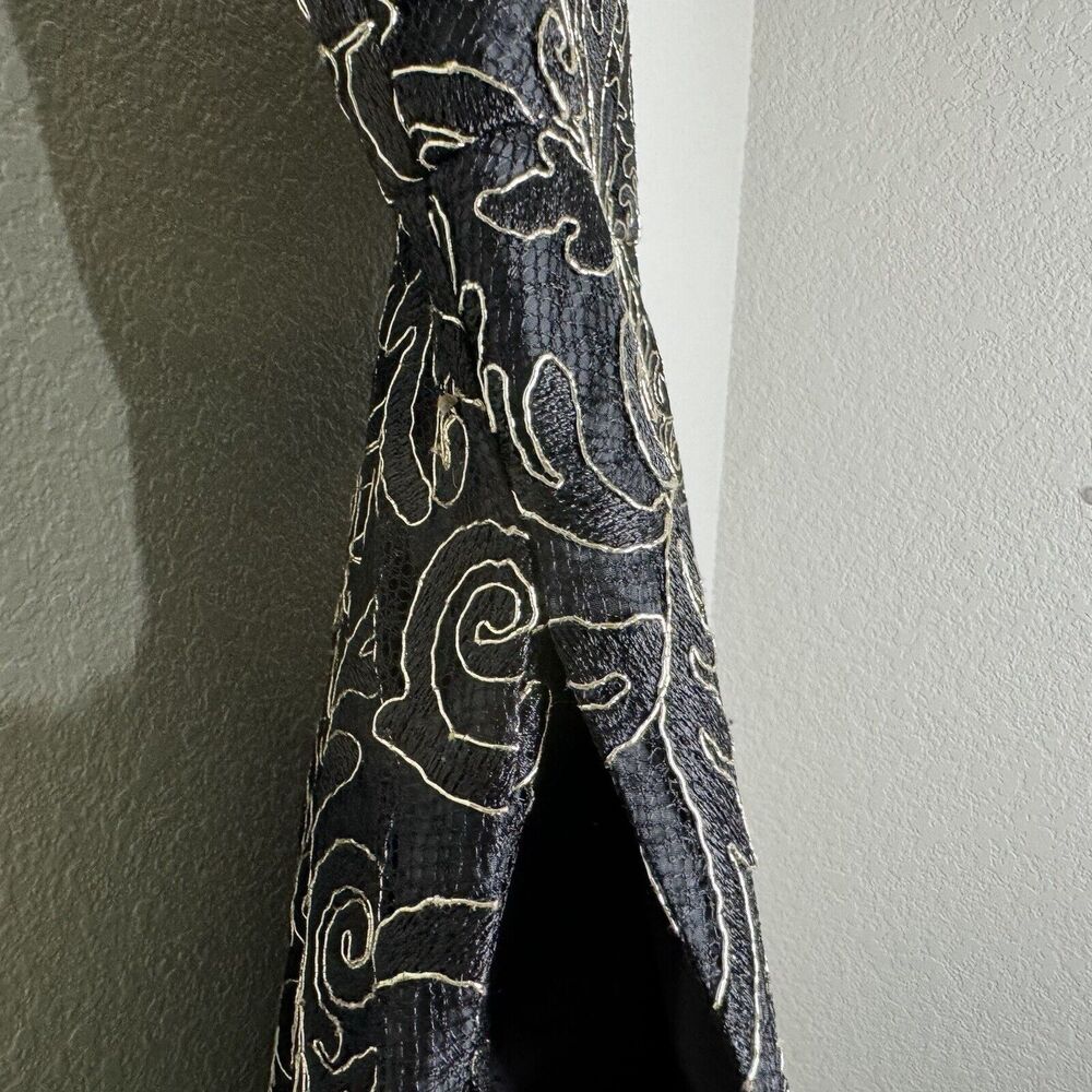 Calvin Klein Dress Gown Sz 4 Black Gold Sequins High Low Sleeveless Deep V Lined - Picture 6 of 11